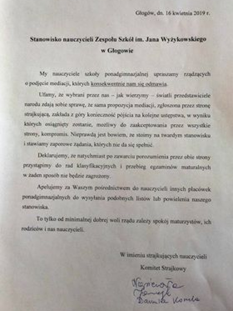 Strajkujący nauczyciele szkół powiatu głogowskiego powołali Międzyszkolną Komisję Koordynacyjną