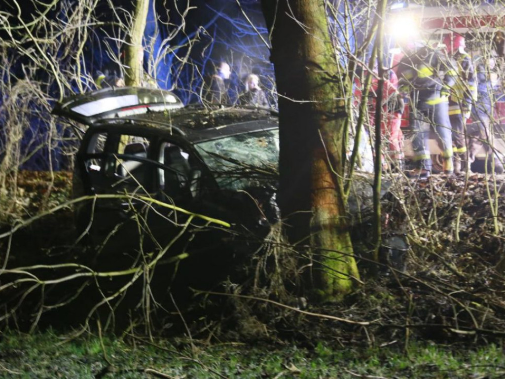Poważny wypadek. Poszkodowane są trzy osoby. Samochód wyleciał z drogi i wbił się w drzewo