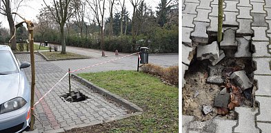 Głęboka dziura straszy na parkingu w Głogowie. Ktoś wziął sprawy we własne ręce