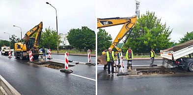Zaklejają wielką dziurę w jezdni w centrum Głogowa. Prace drogowe na krajowej 12