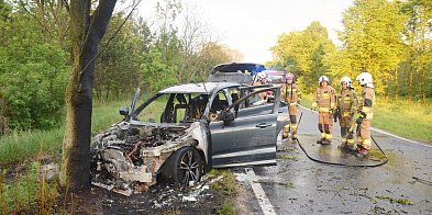 Volvo spłonęło po uderzeniu w drzewo pod Głogowem