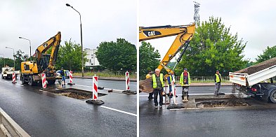 Zaklejają wielką dziurę w jezdni w centrum Głogowa. Prace drogowe na krajowej 12