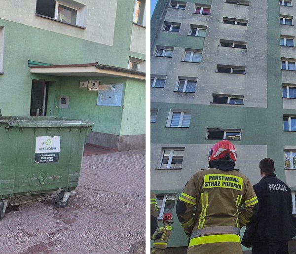 Strażacy w akcji. Dym w wieżowcu w Głogowie