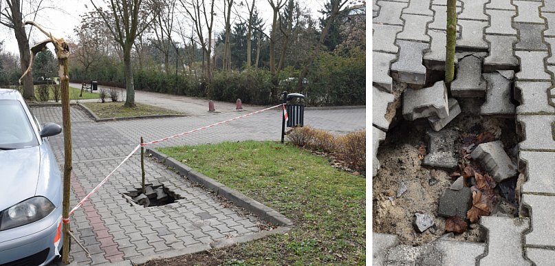 Głęboka dziura straszy na parkingu w Głogowie. Ktoś wziął sprawy we własne ręce