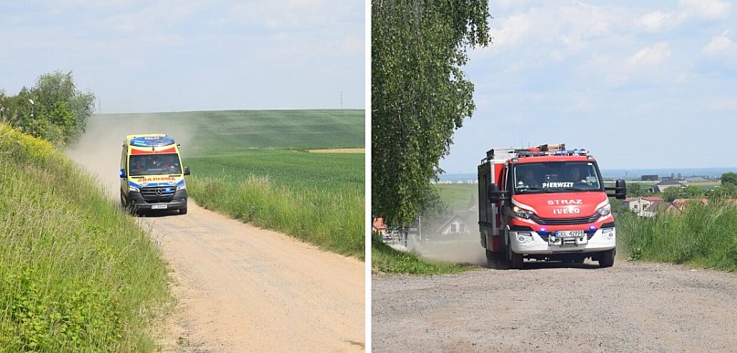 Akcja ratunkowa na polu koło Smardzowa. Strażacy pomagali dotrzeć do rannego