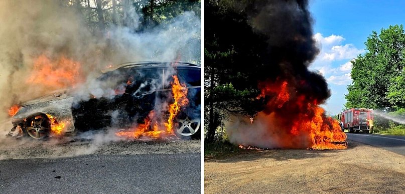 Mercedes spłonął pod Grębocicami. Dramatyczny widok i akcja strażaków