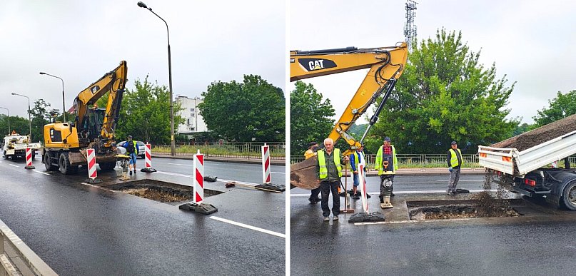 Zaklejają wielką dziurę w jezdni w centrum Głogowa. Prace drogowe na krajowej 12