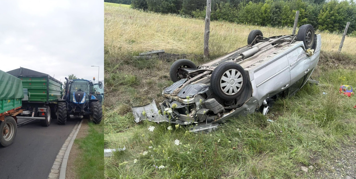 Fatalny koniec weekendu pod Głogowem. Wypadek ciągnika i dachowanie auta