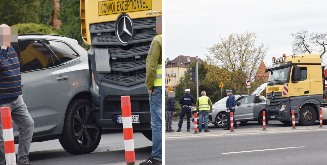 Chaos przed mostem w Głogowie! Volvo starło się z ciężarówką