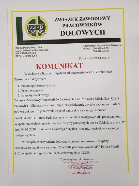 Pracownicy ZG Polkowice-Sieroszowice dopytują o zapomogi losowe związane z koronawirusem